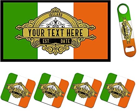 Personalised Ireland Flag Bar Runner Mat, Matching Bottle Opener and 4 x Drinks Coasters Gift Set - Irish Home Bar Accessories Beer Mats for Football Sport Fans - ADD YOUR TEXT