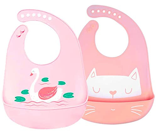 Baberos Bebé Impermeables Silicona Flexible Suave de 6 Meses a 6 Años Grande Ajustable para Niña Waterproof Rosa