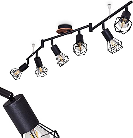 Deckenleuchte Baripada, 6-flammige Deckenlampe aus Metall/Holz in Schwarz/Braun, Leuchte im modernen Design m. verstellbaren Gitterschirmen, 6 x E14-Fassung, mit Lichteffekt, ohne Leuchtmittel