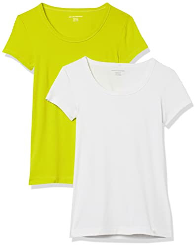 Amazon Essentials T-Shirt Aderente con Maniche Ad Aletta e Scollo Ampio Donna, Pacco da 2, Bianco/Verde Lime, XL