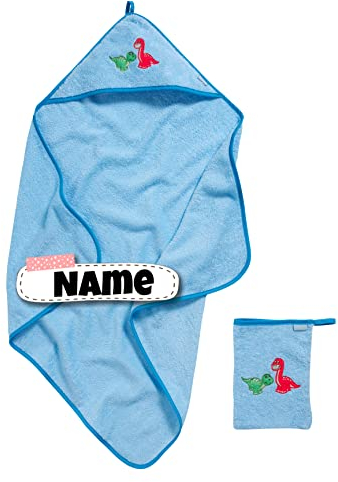 Baby Kapuzenhandtuch Set mit Baby Waschlappen | Baby Handtuch Kapuzenbadetuch personalisiert mit Name | Baby Badetuch Bestickt mit Namen | Baby Erstausstattung Dino