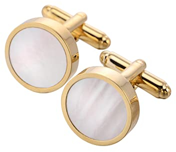 Jonwo Perlmutt 4.5cm Krawattennadeln und Manschettenknöpfe für Herren Silber Gold Cufflinks Tie Clip Hochzeit Hemd Party Geburtstag Jubiläum Kleid (Runde Vergoldet Manschettenknöpfe)