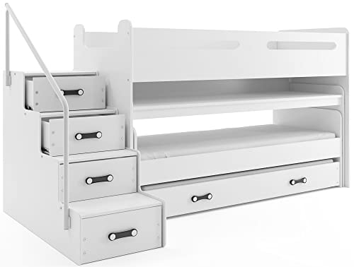 Interbeds Kinderbett Max 1 mit Schreibtisch und 3 Betten 200x80, 190x80, 180x80 mit 3 Matratzen, Leisten und Schublade (weiß+weiß)