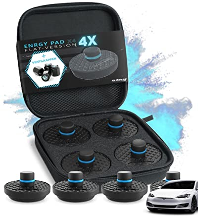 PLANGER® Tesla Wagenheber Beläge - 4X ENRGY PAD flach + 4 VENTILKAPPEN (Model 3 - Model S - Model Y - Model X) 10 Jahre Garantie - Bruchsicher 3t