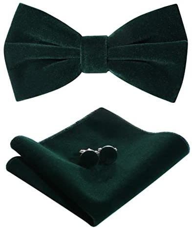 HOULIFE Fliege Herren Set - Verstellbare Fliege aus Samt Vorgebunden Fliege, einfarbige Einstecktuch, Manschettenknöpfe Set für Bräutigam Hochzeit formal mit Geschenkbox - Dunkelgrün