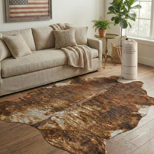 NativeSkins Faux Cowhide Rug – Brindle | 6.2ft x 8.2ft | Cow Print | Western Bedroom Decor | Hand-Cut, Faux Suede No-Slip Backing