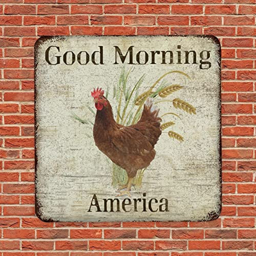 Plaque murale vintage en métal avec coq et blé Good Morning America - Pour terrasse, atelier, garage, atelier, décoration d'intérieur - 25,4 x 25,4 cm