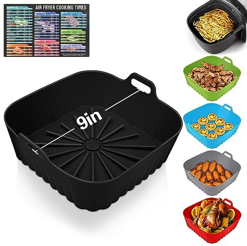 Square Silicone Air Fryer Liners - 9 Inch Reusable Inserts for 6 to 9 QT Air Fryers (1 Pcs Black)