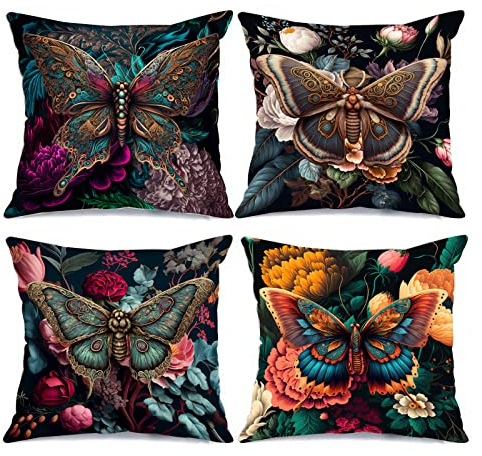 Tucocoo Set mit 4 dekorativen Kissenbezügen mit Schmetterlingen, 45.7x45.7 cm, Vintage-Stil, Schmetterling, Blumenmuster, abstrakt, bunt, Blumen, modern, quadratisch, Couch, Heimdekoration