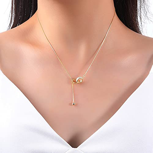 TseenYi Interlocking Kreis Halskette Perle Y Tropfen Lariat Halskette Gold Interlocking Kreis Kristall Halskette Lange Runde Lariat Tropfen Halskette Kette Schmuck Für Frauen Und Mädchen Geschenke