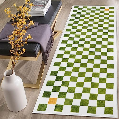 Wonnitar Moderner karierter Küchenteppich, 60 x 180 cm, grün, waschbar, geometrisches Karo, Waschküchenläufer, marokkanisches Gitter, rutschfester Badezimmerteppich, Läufer für Schlafzimmer, Flur,
