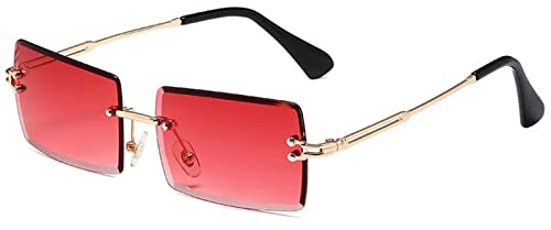 YUELUQU Retro Rahmenlose Sonnenbrille für Damen Herren Mode Retro Rechteck Brille Quadratische durchsichtige Sonnenbrille (A-Gold/rot)