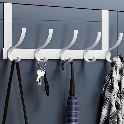 Gerhannery Appendiabiti da Porta, Ganci per Porta in con 5 Ganci, Appendi Abiti per Porte Senza Forare, Appendiabiti Gancio Attaccapanni Ganci da Porta per Cucina Ufficio Bagno (Bianco Opaco)