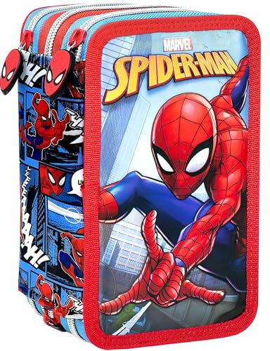 Clondo Federmäppchen Kinder, für Spiderman Fan, Mäppchen, 3 Organisierte Fächer, Federtasche Junge Gefüllt, Schulmäppchen, 45 Teilen für die Schule, Klebestift