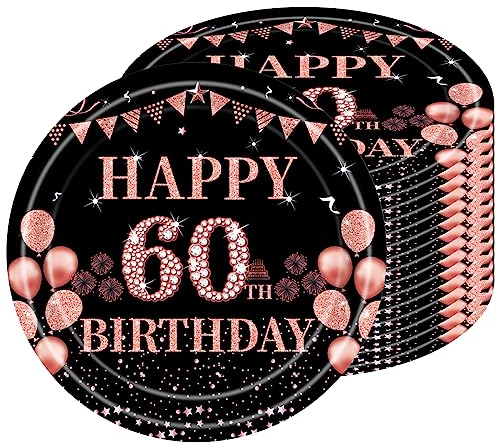 Piatti di carta per 60 compleanni, 16 piatti usa e getta per compleanno, 23 cm, piatti di carta usa e getta per ragazzi e ragazze, colore nero, oro rosa, per feste di compleanno, Happy 60th Birthday