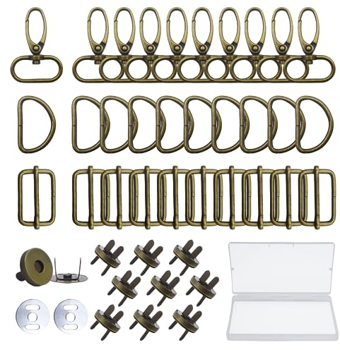 40 Pcs D-Ringe Schiebeschnalle Drehbare Karabinerhaken Triglide Gurtversteller Schiebeschnalle Magnetknöpfe mit Transparenter Kunststoffbox für DIY Accessoires Schultergurte Nähen (25mm&18mm, Bronze)