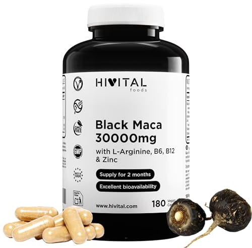 Maca Svart Peruansk 30000 mg. 180 veganska kapslar för 2 månaders. | Andean Maca-extrakt med L-Arginin, Zink och Vitaminerna B6 och B12. Peruansk Svart Maca. Tillverkad i Europa av HIVITAL