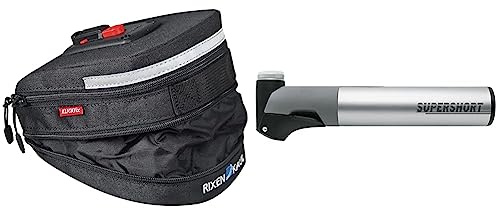 KLICKfix Farradtasche Micro 200 Expandable Schwa Satteltasche Schwarz & SKS Germany SUPERSHORT Minipumpe für Fahrräder (Fahrradpumpe mit Teleskopfunktion), Silber