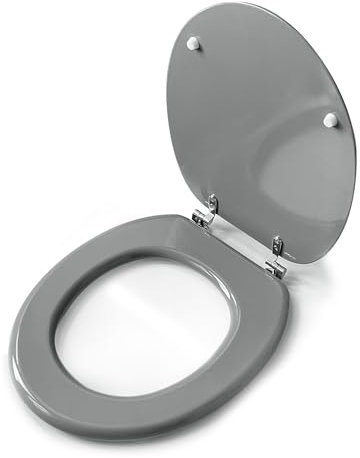 WINSOME Grey Wooden Toilet Seat - 18'' (45cm) Oval - Hygienic MDF Wood with Tongue and Groove Design - Easy Fit with Hinges & Fixtures