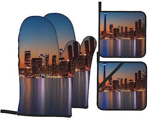 Night Canada Ofenhandschuhe und Topflappen-Set, hitzebeständige Ofenhandschuhe und Topflappen, Grillhandschuhe, Hot Pads, Kochhandschuhe für Küche, Backen, Grillen, 4-teiliges Set