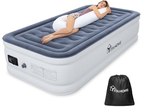 YITAHOME Lit Gonflable 1 Personne avec Pompe Électrique Intégrée, Matelas Gonflable, Auto-Gonflage/Dégonflage Rapide pour Invités, Camping, 191 x 99 x 46 cm, Bleu-Gris Ondulé & Blanc