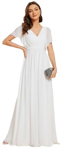 Ever-Pretty Women's V-Neck Ruffle Sleeves Ruched Bust Chiffon Floor Length White Bridesmaid Dress White 10UK