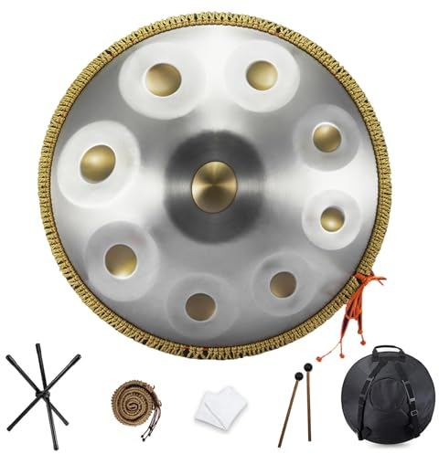 NAHAIA HANDPAN DRUM 9/10/12 Noten Steel Handpan 440hz/432hz Stahl-Handtrommel Instrument 22 Zoll in D-Moll Harmonische Percussion für Klangheilung, persönliche Meditation(9 Notes-432Hz-Golden eye)