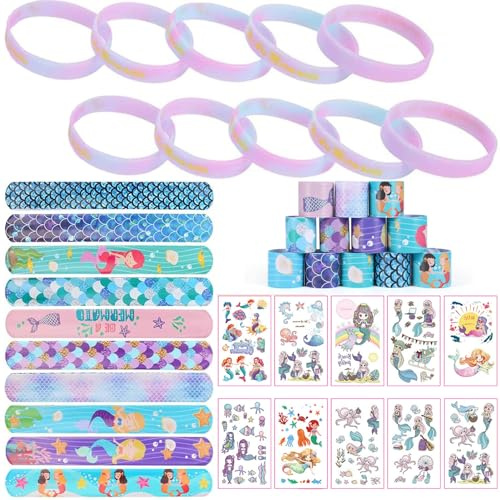Meerjungfrau Geburtstag Deko, Meerjungfrau Geburtstag Mitgebsel, Kindergeburtstag Gastgeschenke, Kindergeburtstag Deko, Enthält 10 Mermaid Tattoos, 10 Mermaid Schnapparmband, 10 Armband