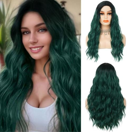 Siudus Grüne Perücke Lange Lockige Wellige Perücken für Frauen Synthetische Schwarz zu Grün Natürliche Haar Perücke für Halloween Party Gebrauch