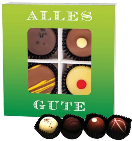 Hallingers Genuss Manufaktur Pralinen Glückwunsch-Geschenk - ohne Alkohol, handmade aus Confiserie-Edelkakao in wertiger Geschenkbox Alles Gute, Geschenkidee für Frauen Männer
