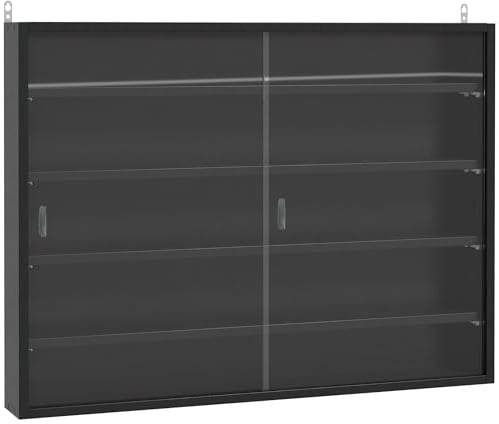 HOMCOM Vitrina Expositora Vitrina de Pared con Estantes Ajustables y 2 Puertas Correderas de Vidrio para Colecciones Perfumes Figuras de Decoración 80x9,5x60 cm Negro