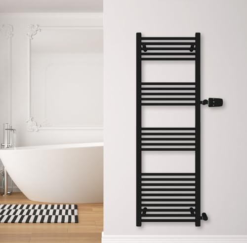 SHV Badheizkörper Andromeda Seitenanschluss schwarz matt | Heizkörper für Badezimmer, Handtuchhalter für Wand im Bad, Handtuchheizkörper, hochwertiger Handtuchtrockner (500x1500 (Anschluss 900) mm)