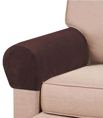 Morbuy Set of 2 Stretch Armchair Covers for Arms, Velvet Armrest Covers Anti-Slip Solid Color Sofa Arm Covers Chair Arm Covers Protectors Sofa Arm Caps Slipcovers (Brown)
