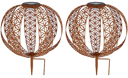GLOBO Solarkugel Rostoptik für Außen Solarleuchte rost Garten Solarlampe orientalische Kugel, Akku IP44, mit Lichteffekt und Erdspieß, 1x LED warmweiß, D 30cm, 2er Set