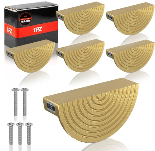 1PZ FR2-CH6 - Manijas de cajón de latón cepillado dorado de 6 piezas con distancia de 64 mm, longitud total 74 mm con tornillos Manijas en forma de semicírculo para muebles de cocina dormitorio baño