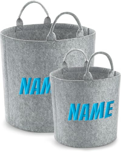 Schnoschi Filz Aufbewahrungskorb mit Namen oder Text bestickt, Wäschekorb mit Wunschnamen, Spielzeugkorb individualisiert (grau, 30 x 30 cm - 21 Liter)