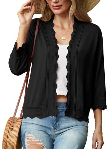 GRECERELLE Womens Summer Cardigan Knit Jumpers Shrugs Ladies Lightweight Soft Casual Scalloped Edges Cardigans for Dress Summer Evening Wedding (Black, M)