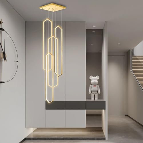 Stesulfr Goldfarbener moderner LED Kronleuchter aus Aluminium große Pendelleuchte für hohe Decken Fernbedienung 6-flammig Treppenhaus Foyer Wohnzimmer Eingangsbereich 3000K-6000K für Villa Foyer Hänge