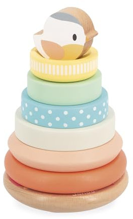 Janod Uccello Culbuto Legno per l'apprendimento precoce-7 Pezzi Torre impilabile-Base Mobile-Giocattolo per Bambini da 1 anno-J05145, J05145