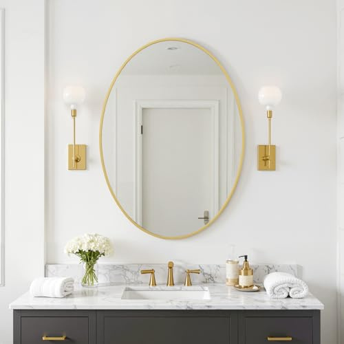 Reflix Ovaler Wandspiegel, 71 x 51 cm, Gold, Wandmontage, Badezimmer-Schminkspiegel für Wanddekoration, Schlafzimmer, Wohnzimmer, Eingangsbereich