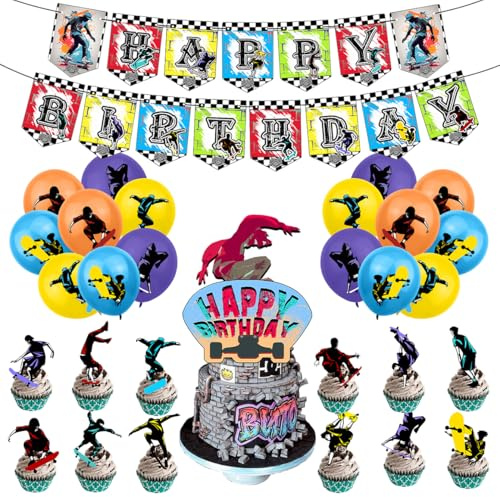 SANYUANHE Skateboard Geburtstagsdeko Set，30 Stück Kindergeburtstag Partydekoration Happy Birthday Banner Cupcake Topper，Streetdance Skateboard Luftballons，Sport-Party Ausstattung Party Dekoration