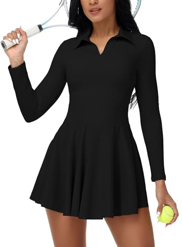 Simlakey Womens Tennis Golf Dress Long Sleeve Workout Athletic Dress Built in Shorts Pockets Cute Sports Active Mini Dresses