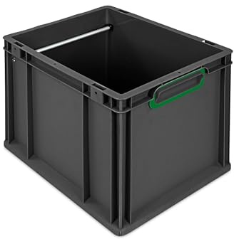 PROREGAL Hängeregisterbox NextGen | HxBxT 32x30x40cm | 30 Liter | Griffe grün geschlossen | Schwarz | Eurobehälter, Transportbox, Transportbehälter, Stapelbehälter, Eurobox