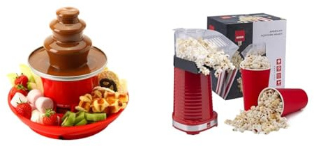 Bundle of Global Gourmet Chocolate Fountain Mini 3 Tier Fondue Set with Party Serving Tray + Popcorn Maker Machine Air Popcorn Popper Fat Free and Healthy