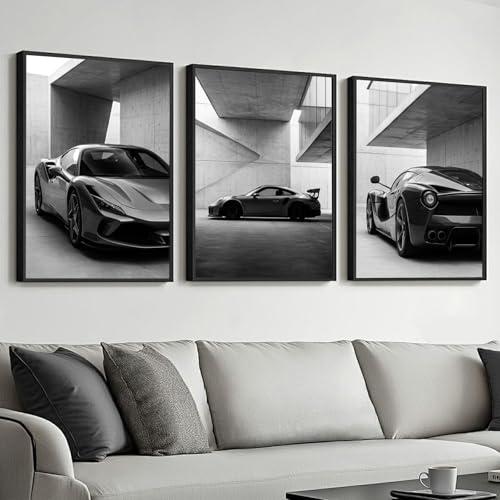 CULASIGN 3er Poster Set Sportwagen, Modernes Supercar Auto Schwarz Weiß Leinwandbilder Wandbilder, OHNE Rahmen Wanddekoration für Büro Wohnzimmer (40 x 50 cm)
