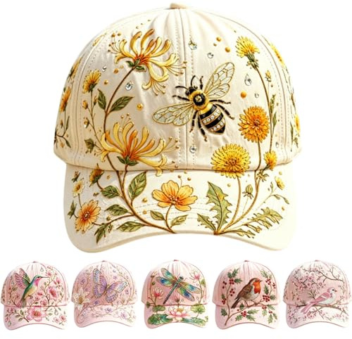 Generisch Gartenhut Damen Baseballkappe mit Aufwendiger 3D Stickerei Verstellbar Atmungsaktiv Baumwolle Cap Blumenhut Bienenmotiv Schirmmütze für Gartenliebhaber Vintage Cottagecore Outdoor (Biene)