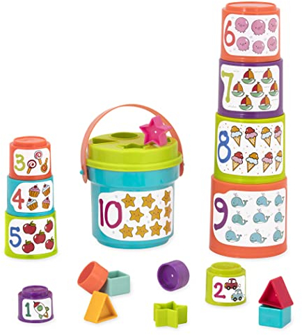 Battat - Taza apilable para clasificar con números, formas, cubo torre apilable juego de clasificar formas y apilar para niños y bebés a partir de 18 meses (19 piezas), azul