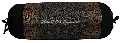 DK Homewares Indisches Traditionelles Festival Dekor Jacquard Brokat Tischabdeckung Polydupionseide 30 x 15 Paisley Blumen Zylinderkissenbezug (Schwarz ; 76 x 38 cm) -1 St.