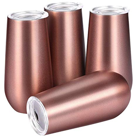 AWEHIRU Pceewtyt 4 Pack Insulated Wine Glass, Wine Tumbler with Lid/Stainless Steel Double Walled Coffee Cup Travel Mug/Keep Cold for Drinks, Champagne, Cocktails (6 Oz, Gold)