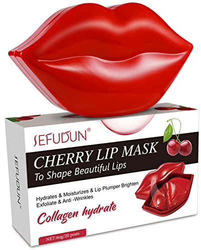 Lippenmaske, Lippenpads, Lippen masken, 20 Stück Lip Mask Kirsch-Kollagen zum Befeuchten, Entfernen abgestorbener Haut, Reduziert Lippenlinien, Anti spröde & Anti-Aging und Aufpolstern der Lippen